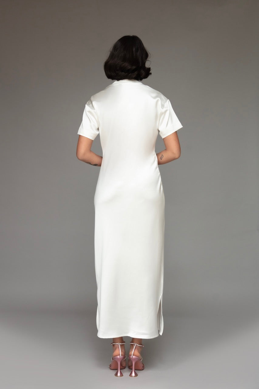 Julia Satin Midi Dress in Pearl White - Image 2