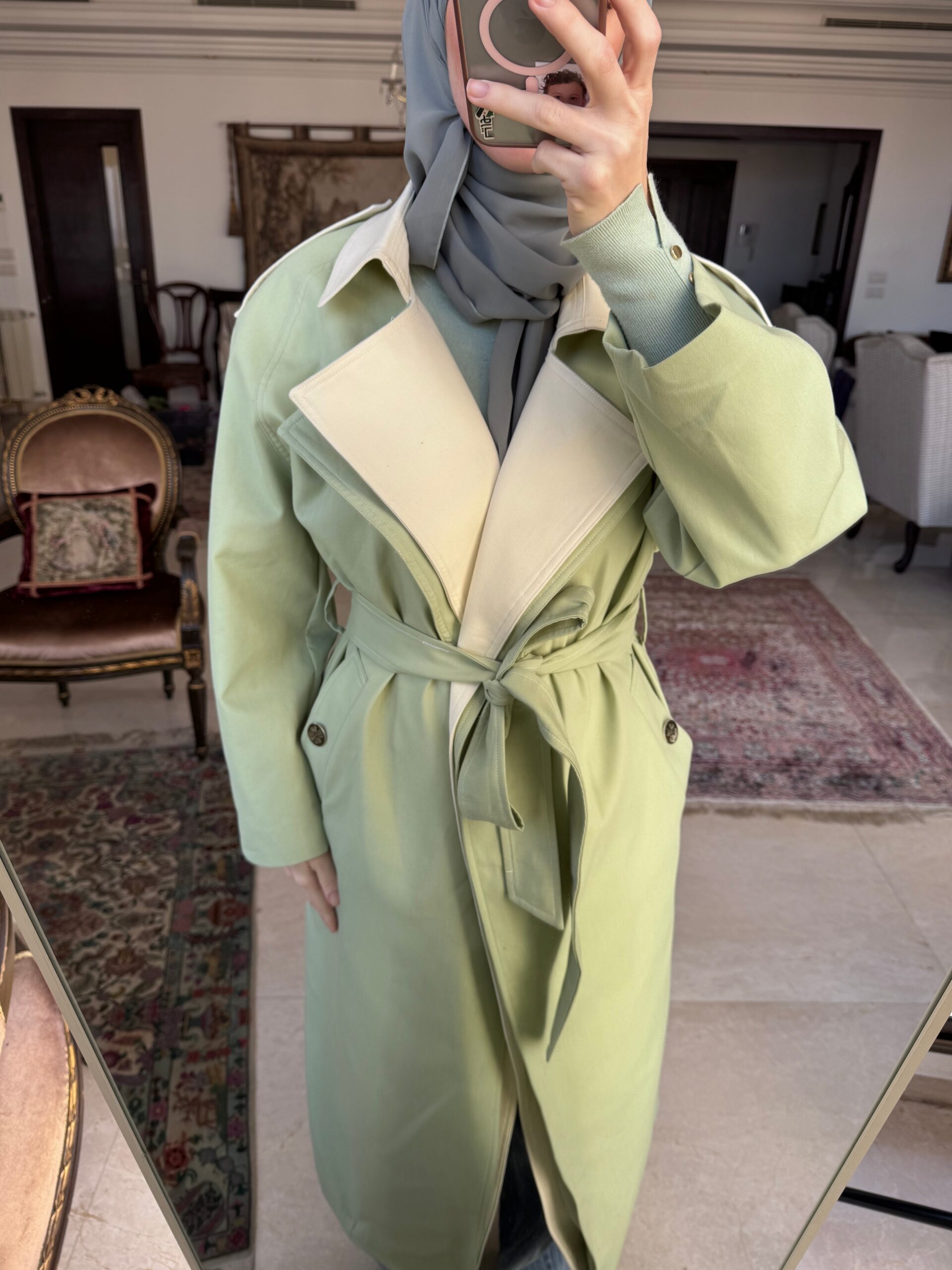Dalia Trenchcoat in Mint Green & Butter Yellow - Image 2