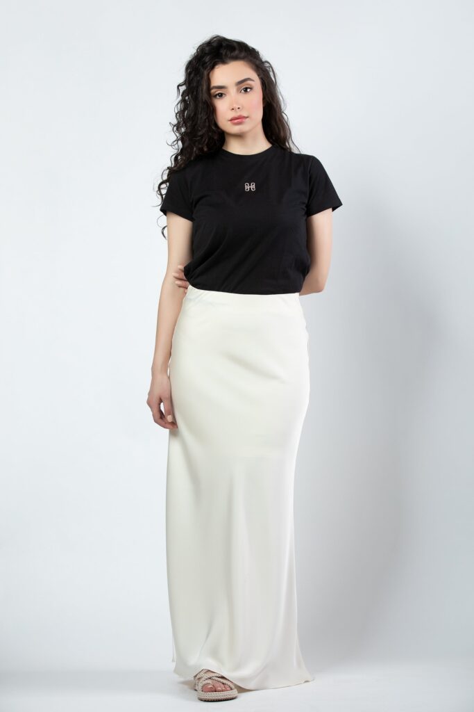 Aseel satin maxi skirt in light cream