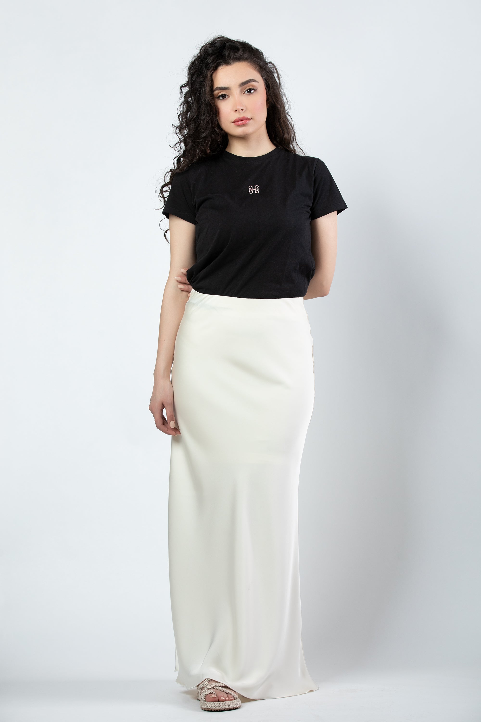 Aseel satin maxi skirt in light cream